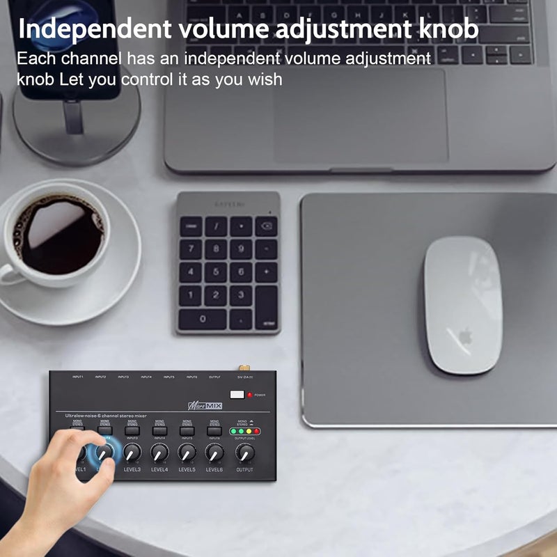 TKLBLS Line Mixer Audio mixer, 6-Channel Stereo Line Mixer, 6.35mm TRS/TS Output and Input Ultra Low Noise Mini Audio Mixer with Mono/Stereo Switch for Sub-Mixing - Image 3
